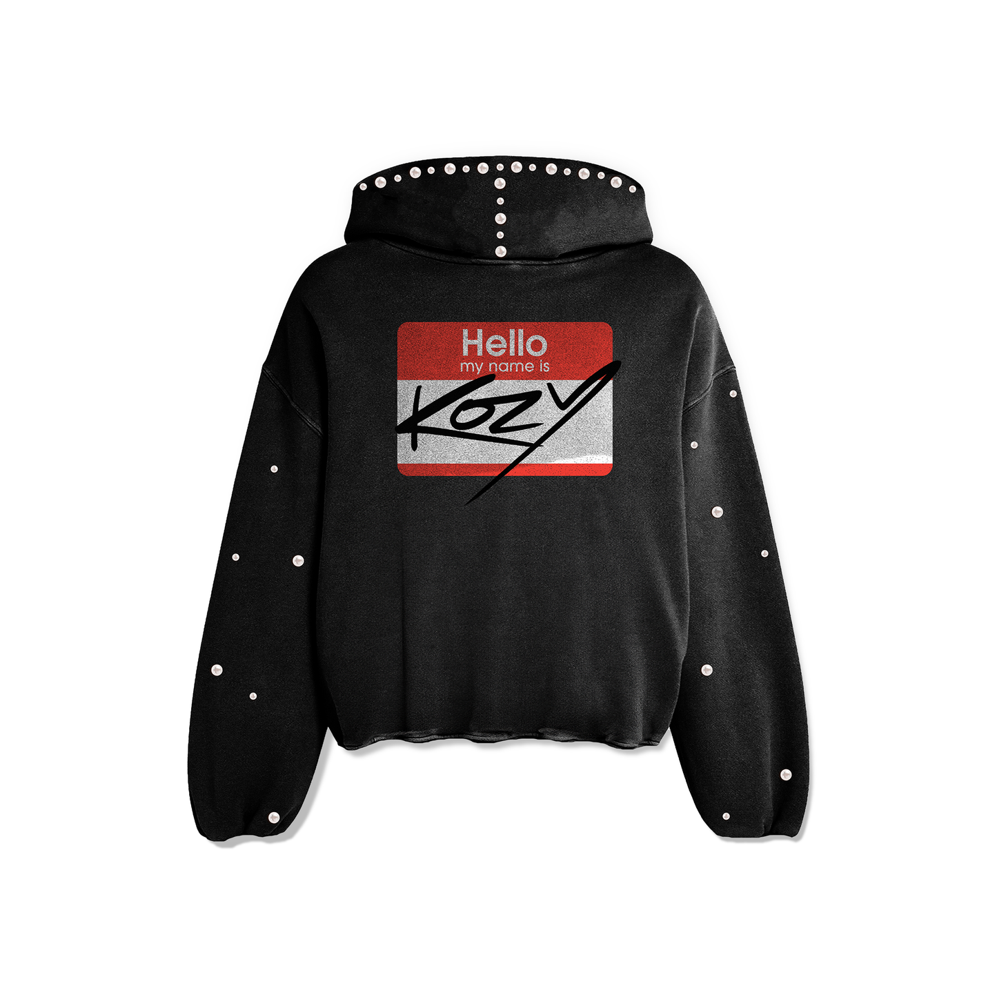 Schwarzer „Hello My Name Is Kozy“-Kapuzenpullover